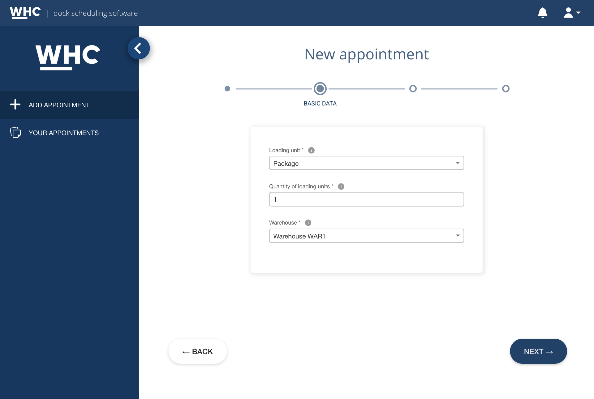 The basic data step of the booking wizard with the progress bar