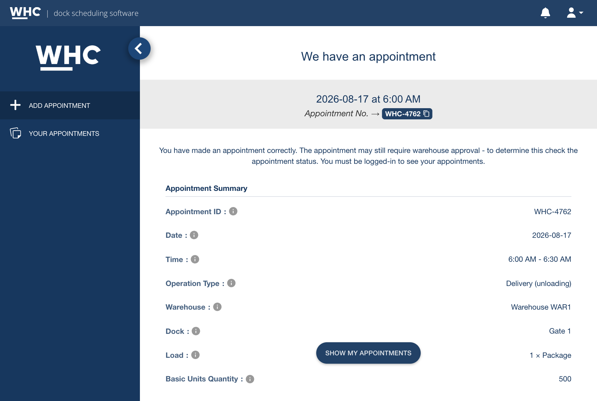Summary screen showing the number of the created appointment