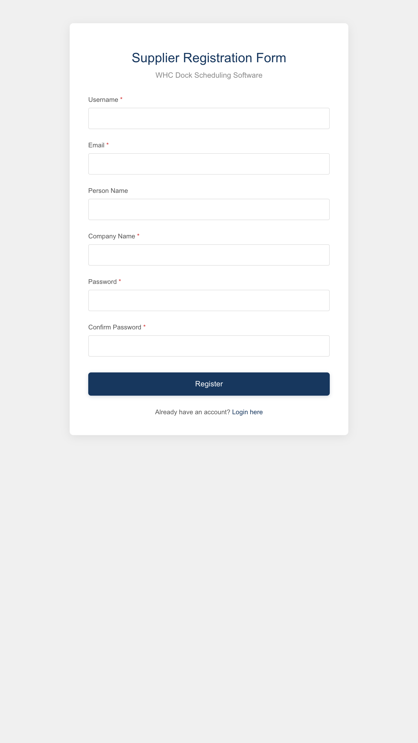 Business partner registration form with username, e-mail, company details and password fields