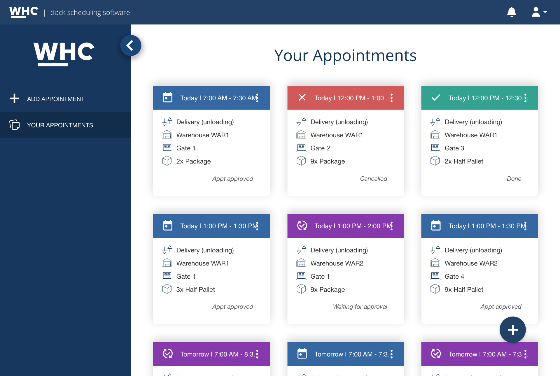 Cards of a business partner's appointments with times and statuses