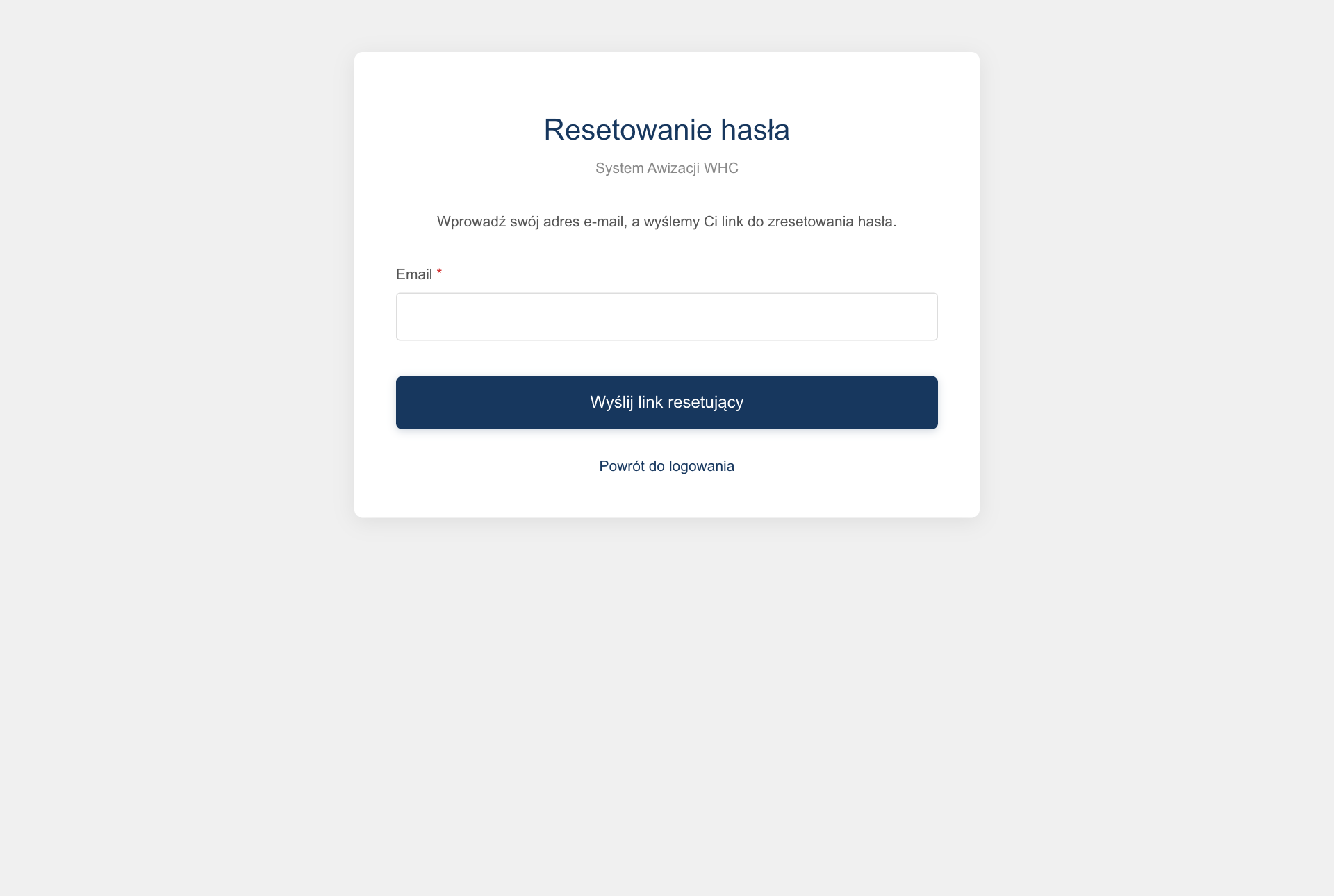 Ekran odzyskiwania hasła z polem na adres e-mail